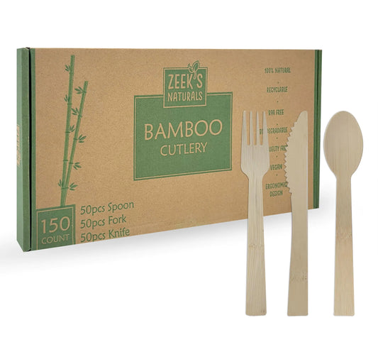 Disposable Bamboo Cutlery Sets - 150 Piece Total: 50 Forks 50 Spoons 50 Knives 6 Inch Length Ecological Biodegradable Compostable Bamboo Utensils Bamboo Cutlery